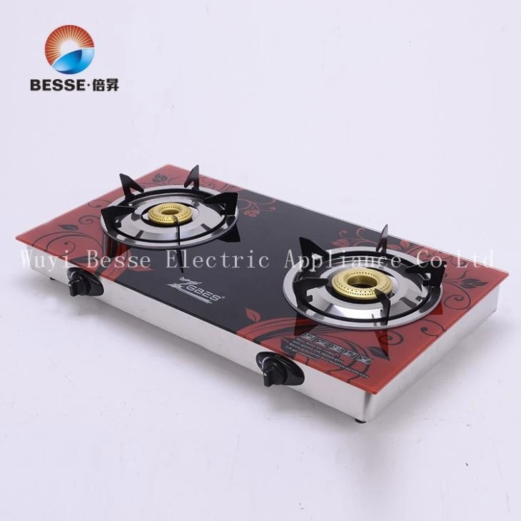 Slim Body 6mm tempered glass Brass Fire Cap Double Burner Gas Stove